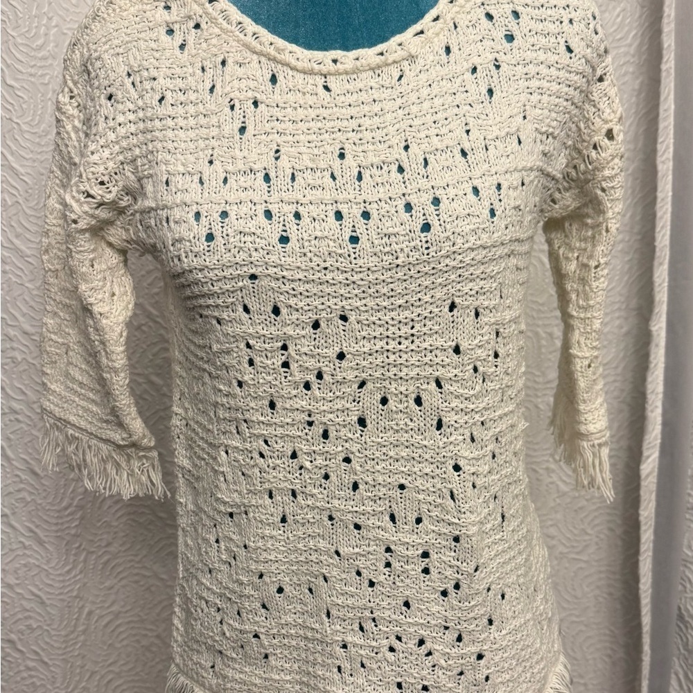 Ann Taylor Loft Elegant Cream Knit Top with Fringe
